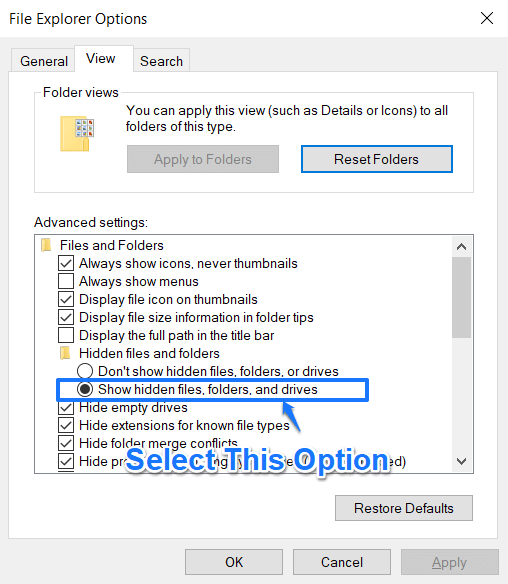 Step 2 folder options show hidden file